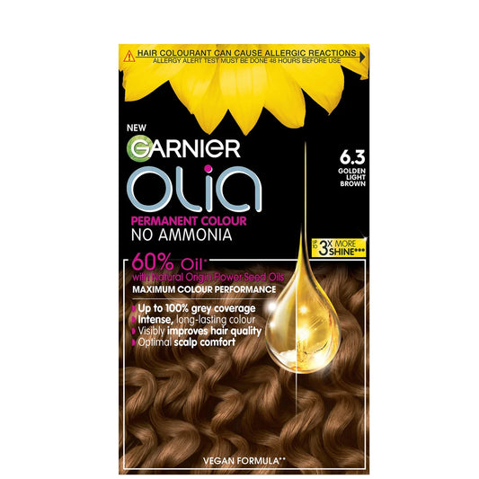 Garnier Olia Permanent Hair Dye - 6.3 Golden Light Brown, permanent hair color with a golden light brown shade.