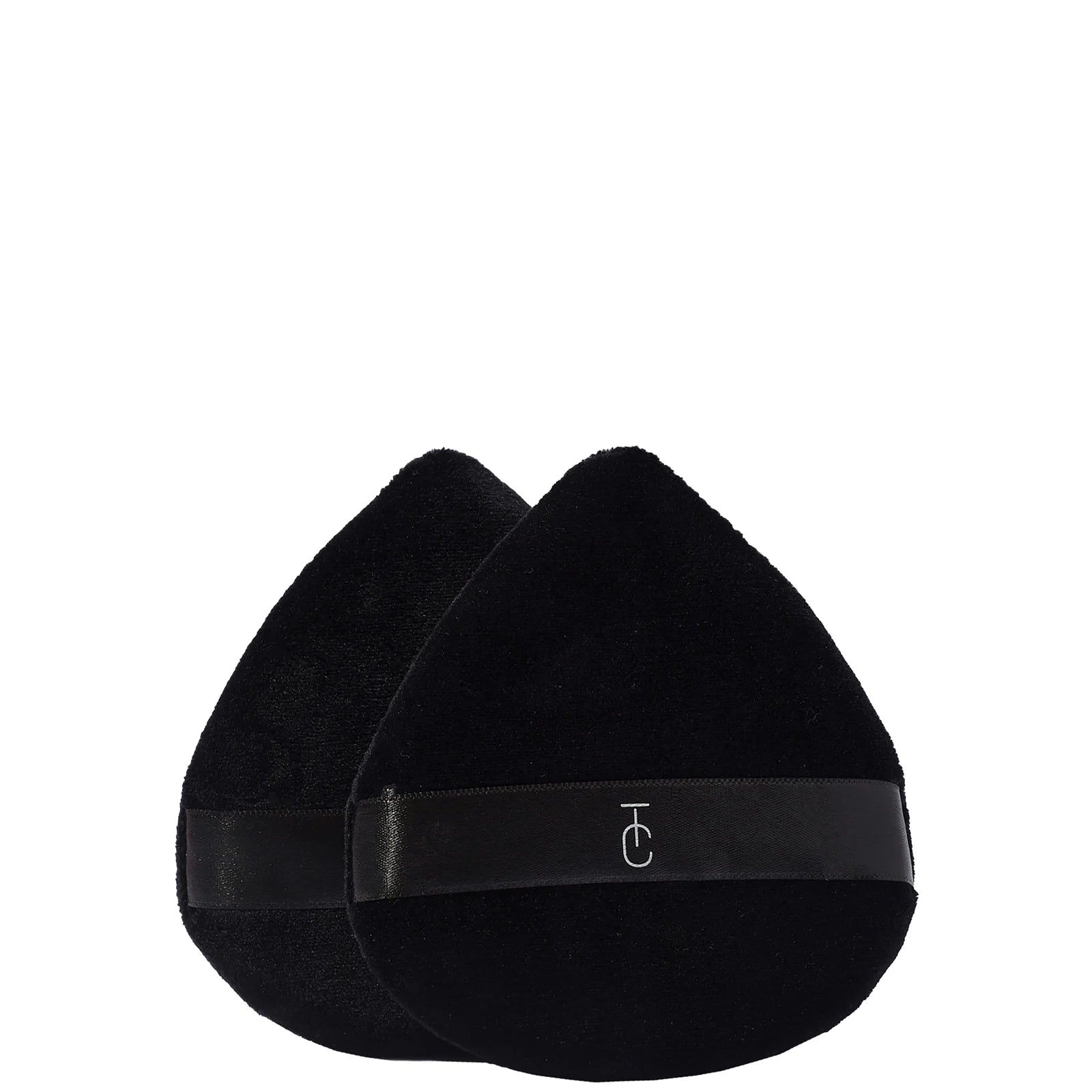 Two Trigwell Cosmetics velvet powder puffs stacked together, soft teardrop-shaped sponges with a fabric band for fingers.