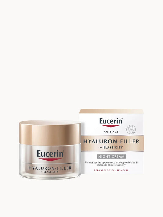 Eucerin Hyaluron-Filler + Elasticity Night Cream 50ml white and gold jar with screw lid shown closed