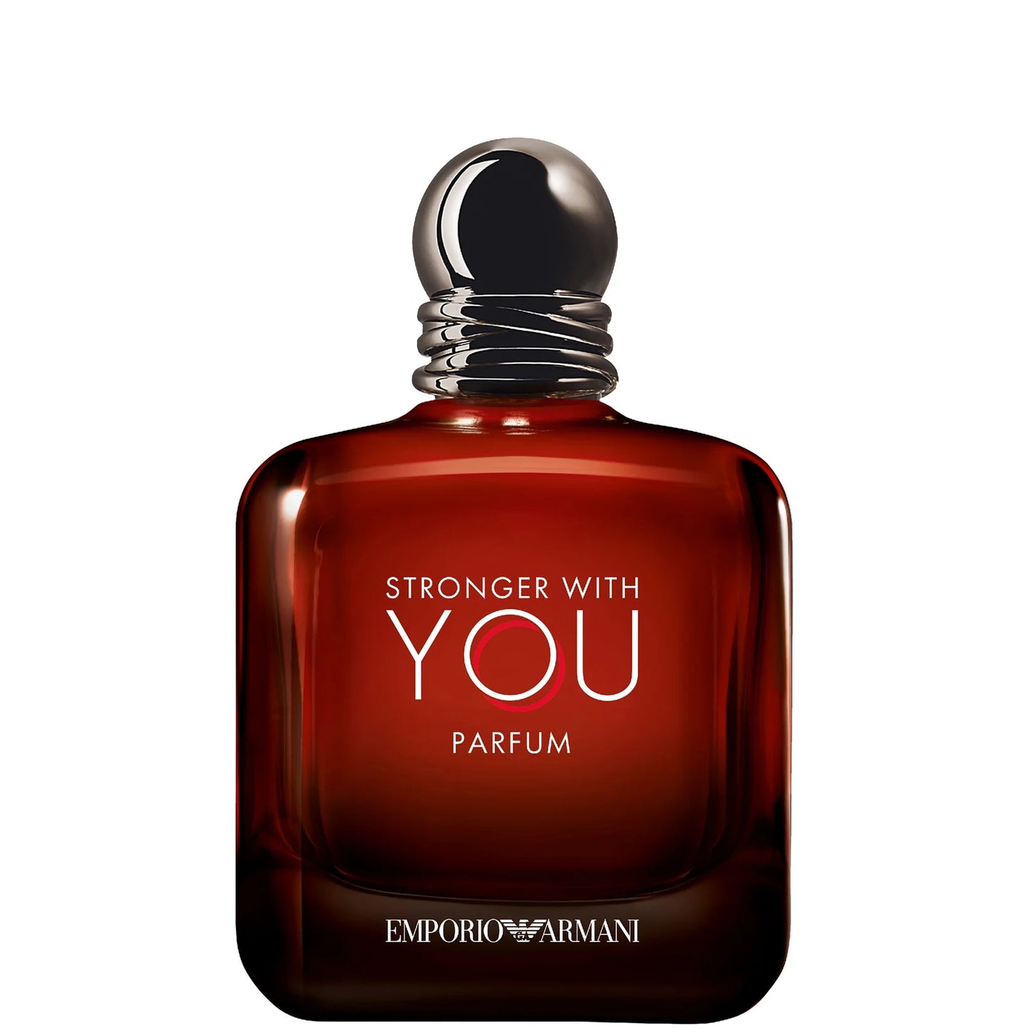 Armani Stronger With You Parfum 100ml — warm fougère with rum, chestnut and vanilla; rounded amber bottle with stacked metal-ring cap.