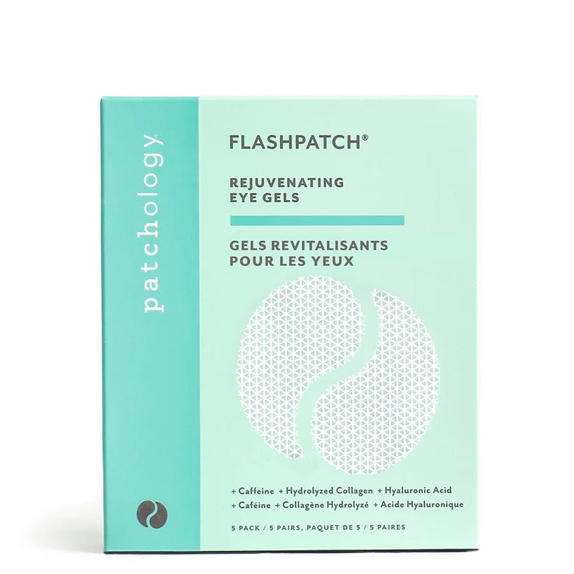 Patchology FlashPatch Rejuvenating Eye Gels 5 Pack five pairs of crescent-shaped gel eye patches in a small box