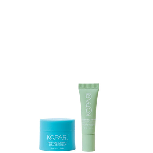 Kopari Beauty Deluxe Niacinamide & Caffeine Eye Bright Cream and Deluxe Moisture Whipped Ceramide Cream mini jar duo with pastel packaging