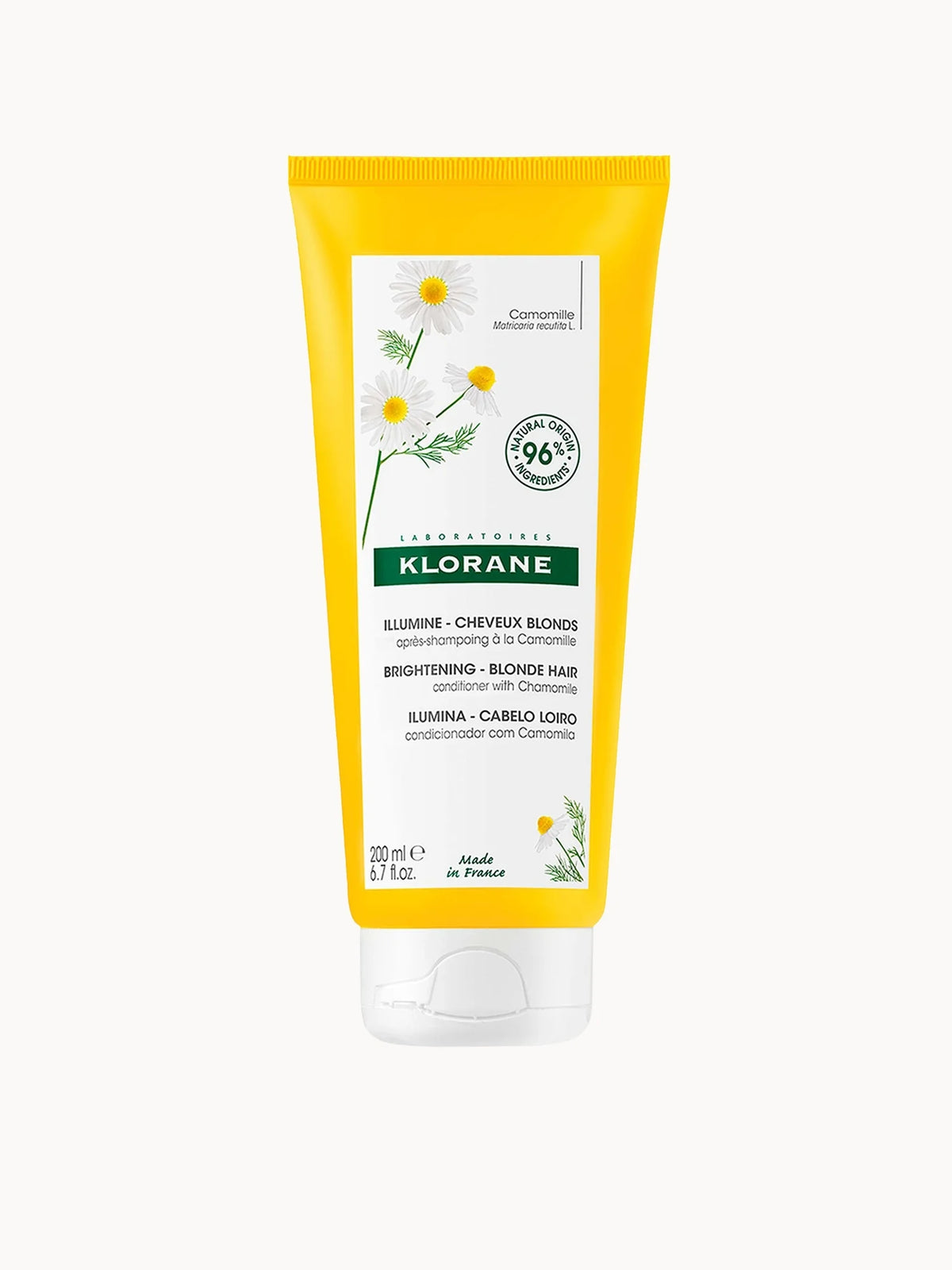 KLORANE Brightening Conditioner with Chamomile for Blonde Hair 200ml, yellow plastic bottle with white cap and Klorane chamomile flower illustration