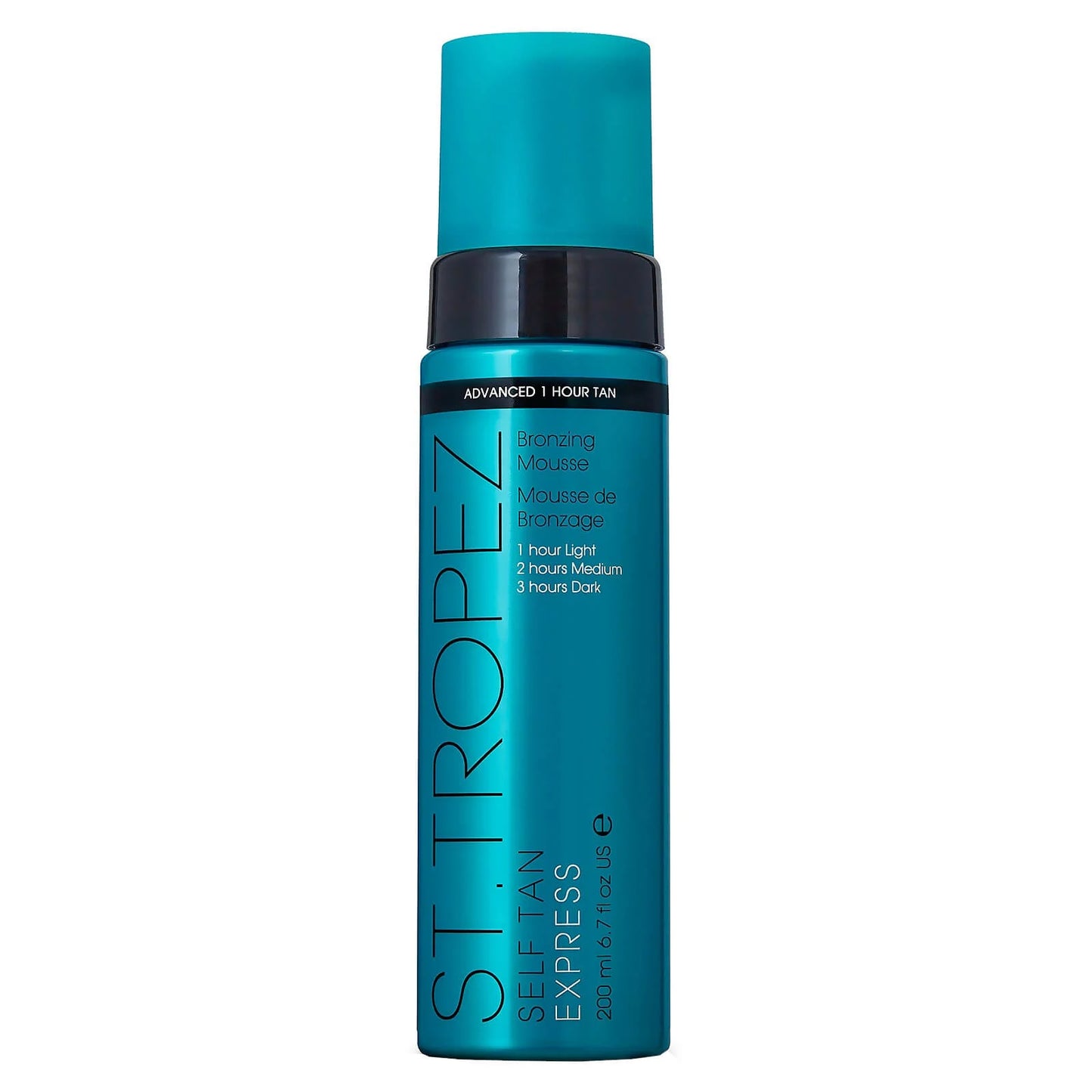 St. Tropez Express Bronzing Mousse 200ml, sleek metallic blue bottle with black pump dispenser, lightweight tanning mousse designed for a customisable, fast-developing glow