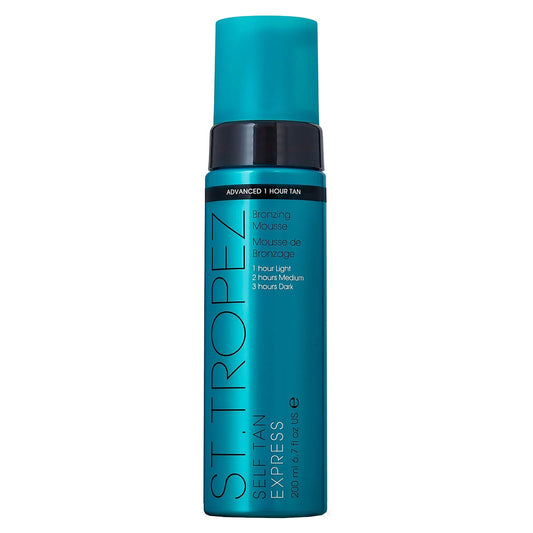 St. Tropez Express Bronzing Mousse 200ml, sleek metallic blue bottle with black pump dispenser, lightweight tanning mousse designed for a customisable, fast-developing glow