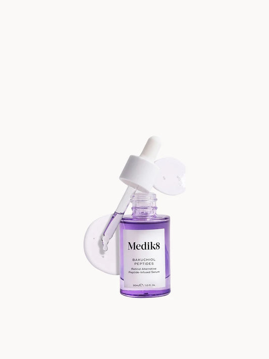 Medik8 Bakuchiol Peptides 30ml white glass dropper bottle with a black cap