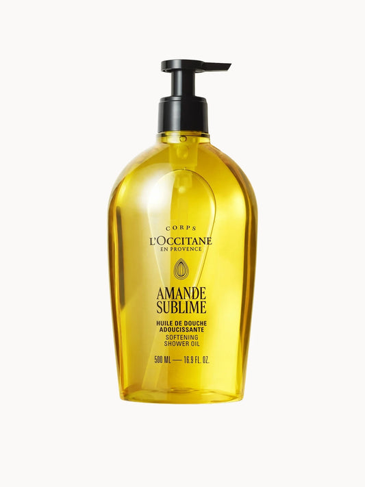 L'Occitane Almond Shower Oil 500ml, large pump bottle with cream and gold branding