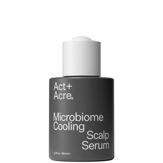 Act+Acre Microbiome Cooling Scalp Serum 65ml, black dropper bottle with white cap and blue badge