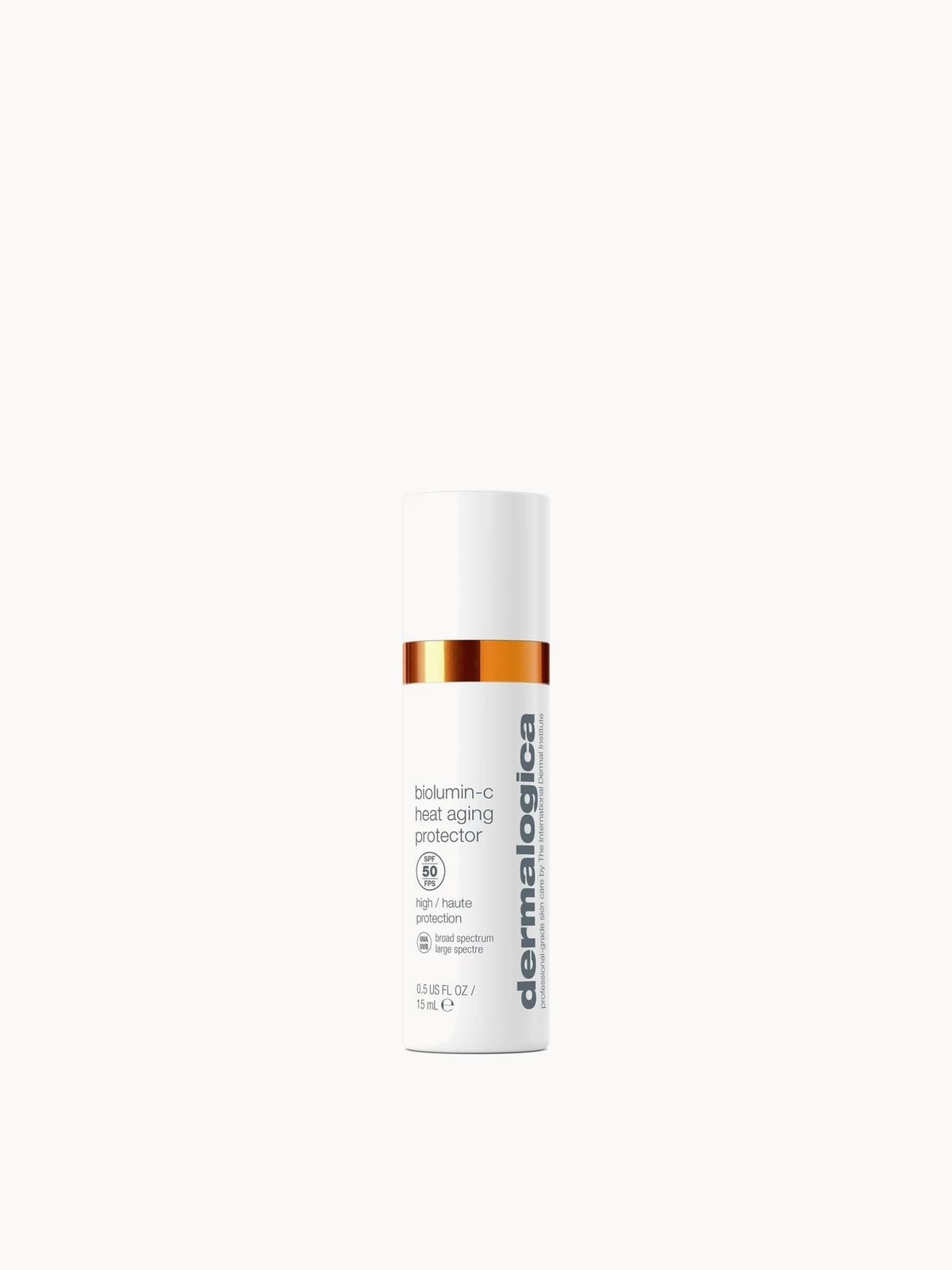 Dermalogica Biolumin-C Heat Aging Protector SPF50 15ml, orange tube with black cap and white Dermalogica branding