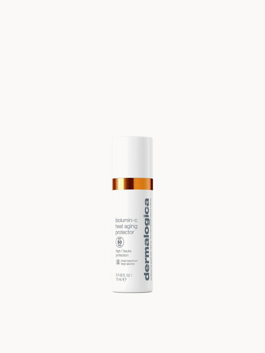 Dermalogica Biolumin-C Heat Aging Protector SPF50 15ml, orange tube with black cap and white Dermalogica branding