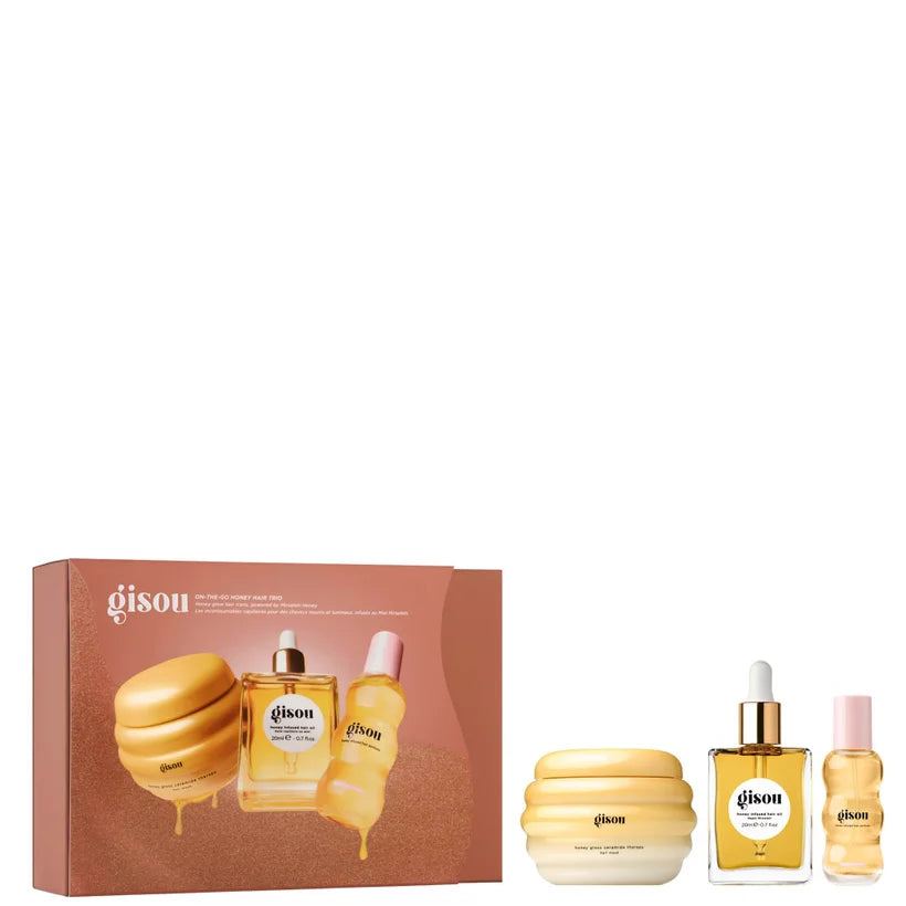 Gisou On-The-Go Honey Hair Trio three mini haircare products with honey infused formulas presented in travel set packaging