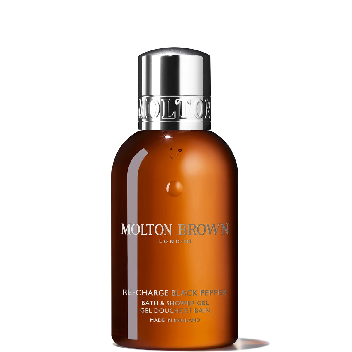Molton Brown Re-Charge Black Pepper Bath & Shower Gel 100ml, clear bottle with black cap and Molton Brown Re-Charge Black Pepper branding