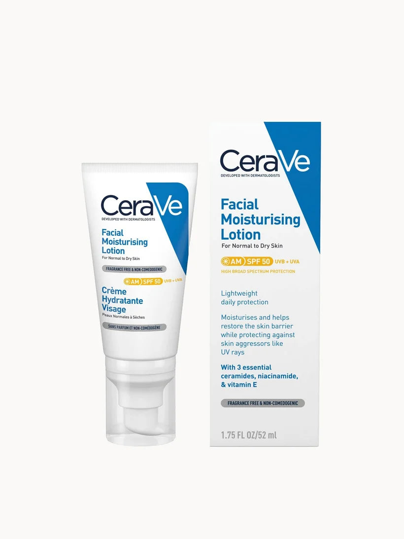 CeraVe AM SPF50 Facial Moisturising Lotion 52ml, white tube with orange and blue branding