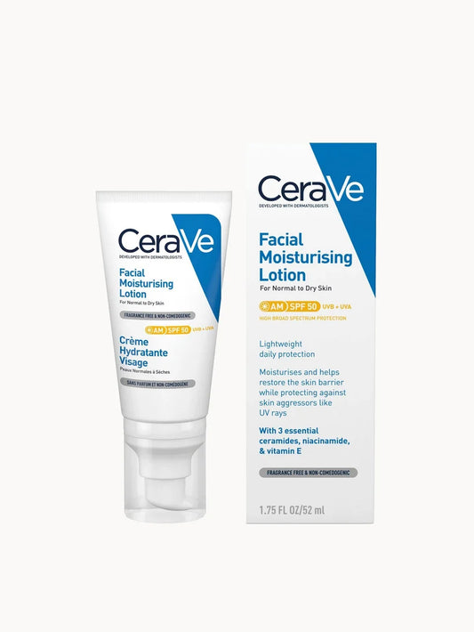 CeraVe AM SPF50 Facial Moisturising Lotion 52ml, white tube with orange and blue branding