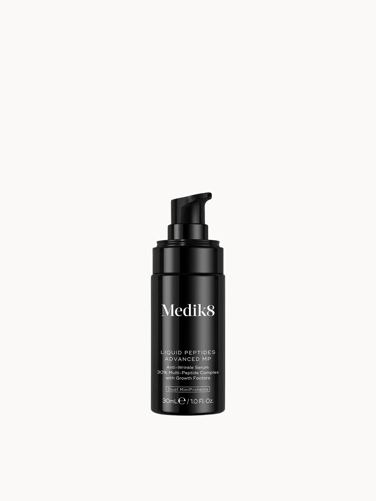 Medik8 Liquid Peptides Advanced MP 30ml, serum bottle with pump dispenser and Medik8 branding on the front label