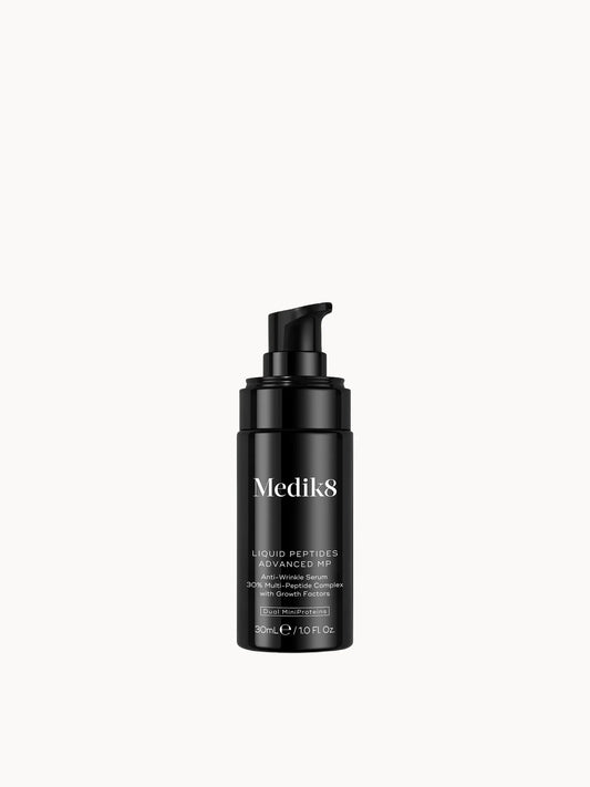 Medik8 Liquid Peptides Advanced MP 30ml, serum bottle with pump dispenser and Medik8 branding on the front label