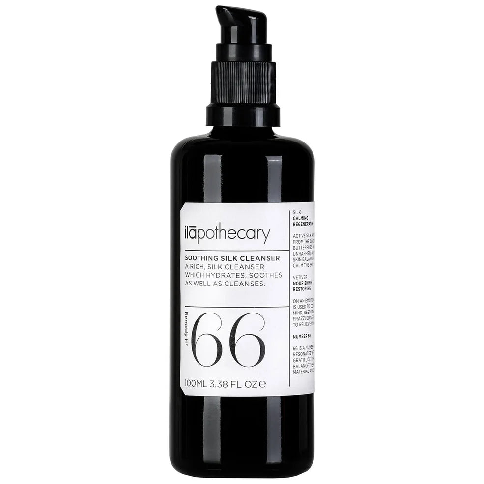 ilapothecary Soothing Silk Cleanser 100ml tube – black bottle with pump dispenser, a silky botanical cleanser formulated to gently remove impurities while calming sensitive skin.