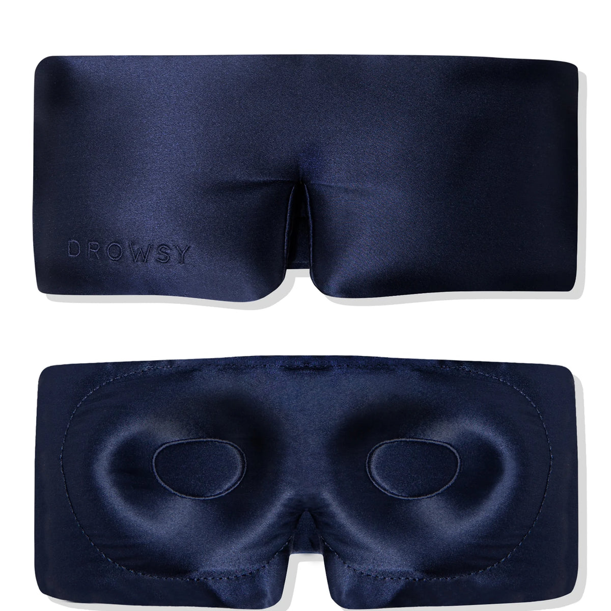 Drowsy Midnight Blue Eyelash Protecting Sleep Mask, midnight blue satin sleep mask with contoured eye cups and Drowsy branding