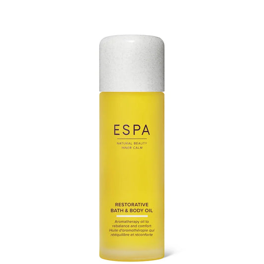 ESPA Restorative Bath and Body Oil 100ml amber glass bottle with dropper cap and white label
