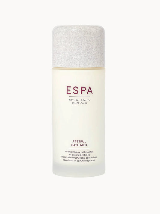 ESPA Restful Bath Milk 200ml, deep blue bottle with screw cap and white ESPA lettering