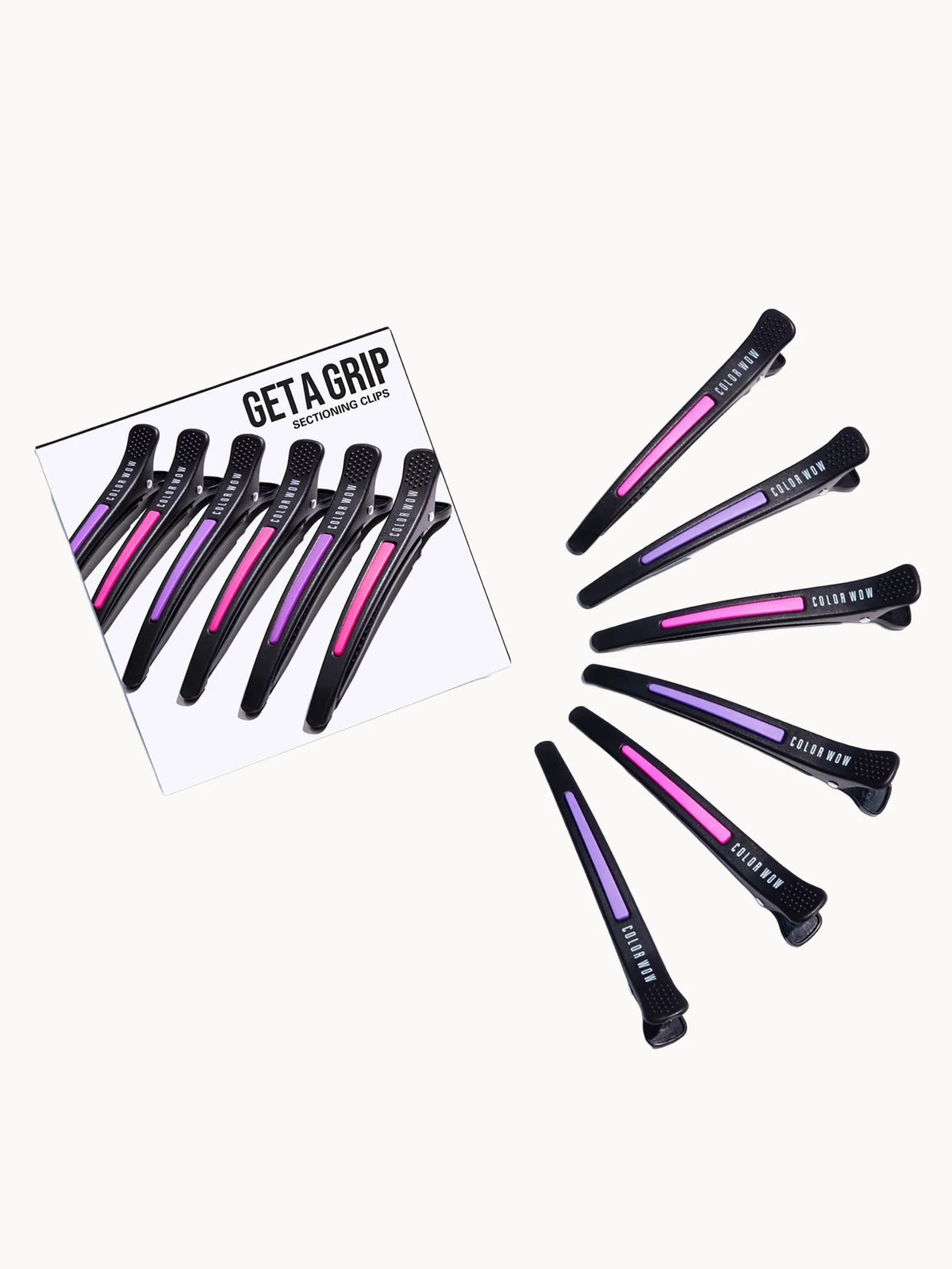 Color Wow Get a Grip Hair Sectioning Clips (pack of 6), six black plastic sectioning clips on a card with Color Wow branding