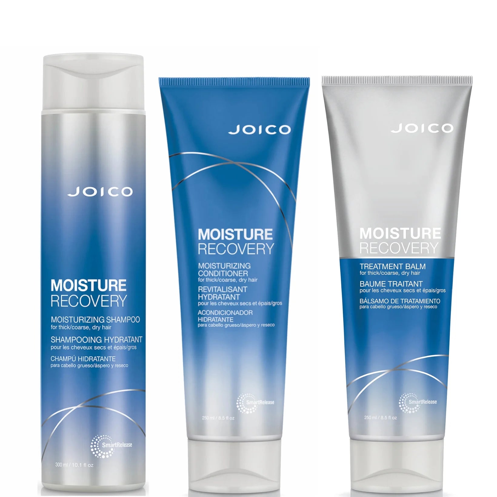 Joico Moisture Recovery Hydrating Home Care Kit – shampoo, conditioner and treatment balm for thick coarse dry hair with SmartRelease Technology, Hydramine Sea Complex, shea butter and murumuru.