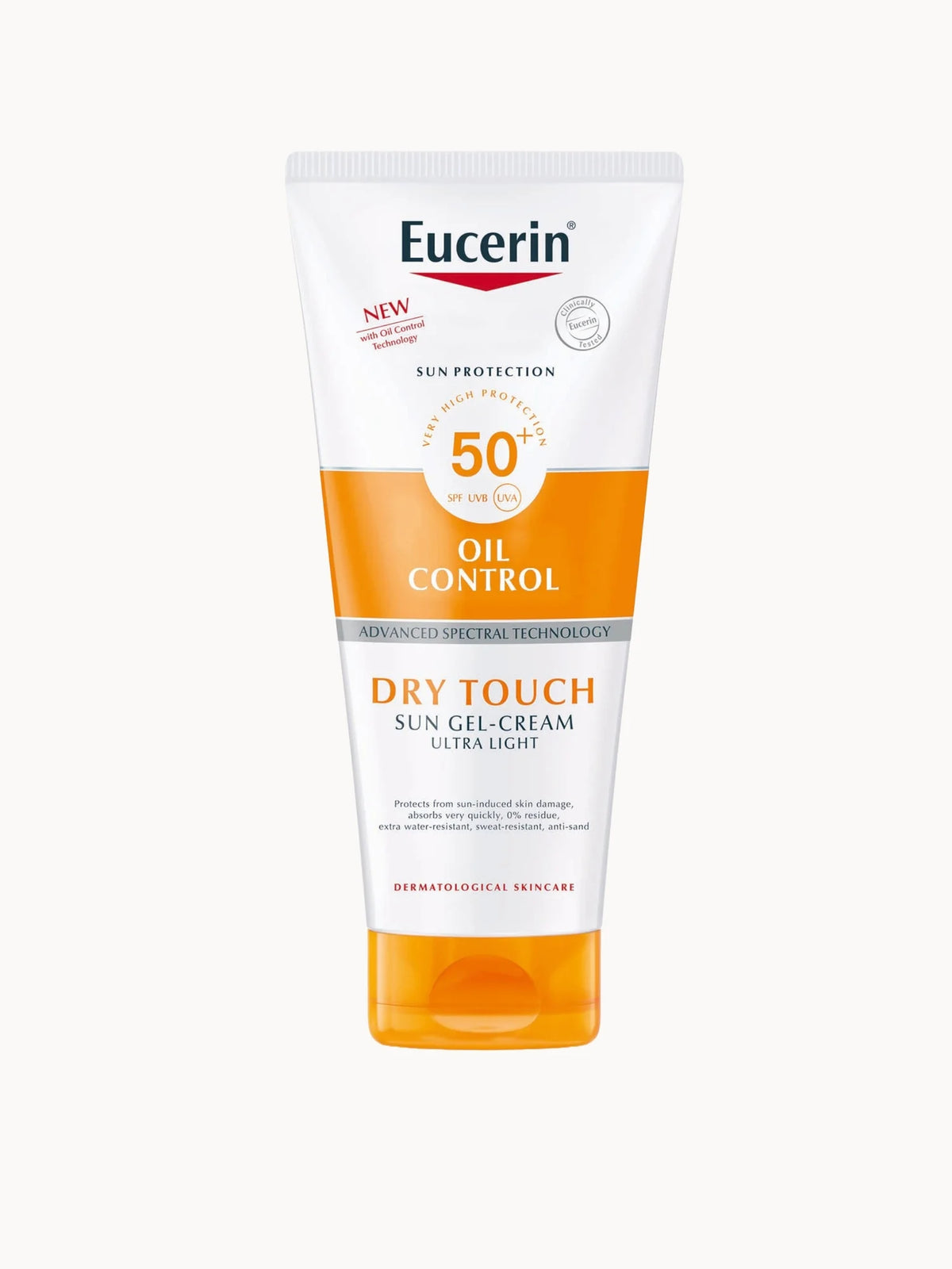 Eucerin Sun Gel Cream Dry Touch SPF50+ 200ml, orange and white tube