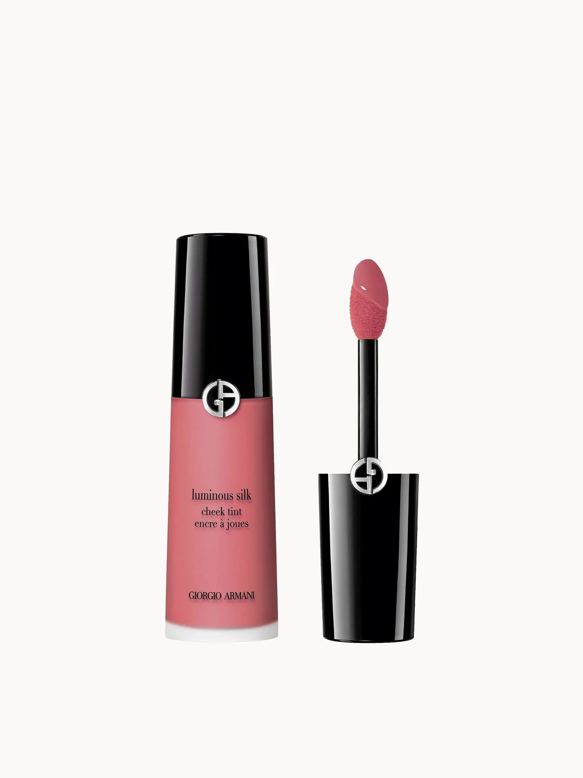 Armani Luminous Silk Cheek Tint - Delicate Mauve 62, small glass dropper bottle with black cap and Armani eagle logo