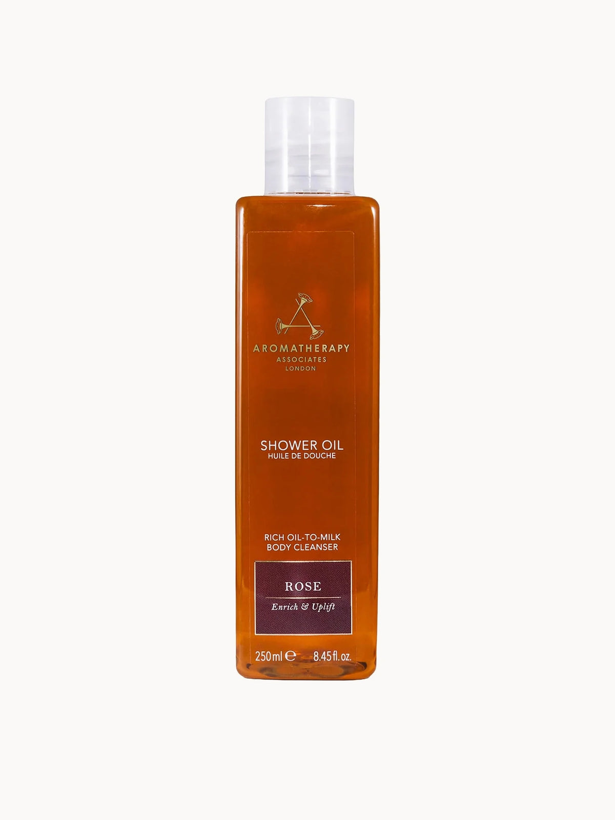 Aromatherapy Associates Rose Shower Oil 250ml, pink glass bottle with gold cap