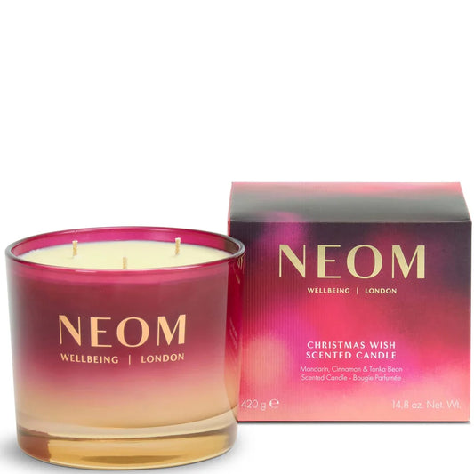 NEOM Christmas Wish 3 Wick Candle 420g large glass candle jar with festive label and three wicks