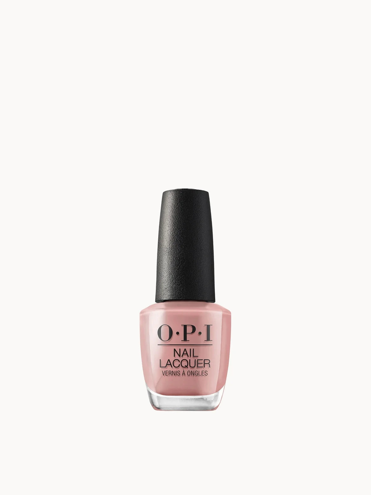 OPI Nail Lacquer Nude Nail Polish 15ml - Barefoot in Barcelona, glass nail polish bottle with tall black cap and OPI logo, filled with rosy nude lacquer