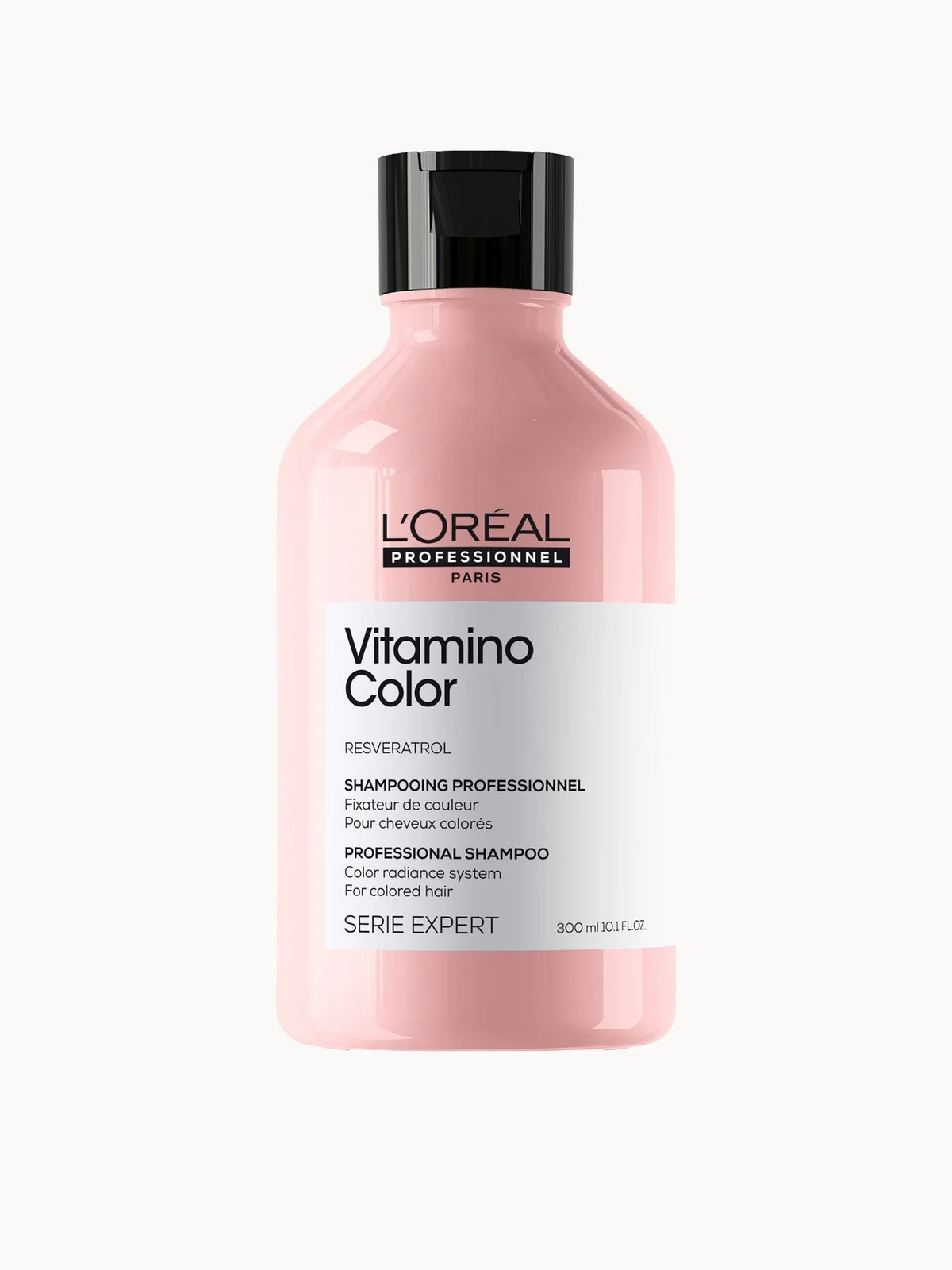 L'Oréal Professionnel Vitamino Color Shampoo for Coloured Hair 300ml, purple squeeze bottle with flip-top cap and white Serie Expert text