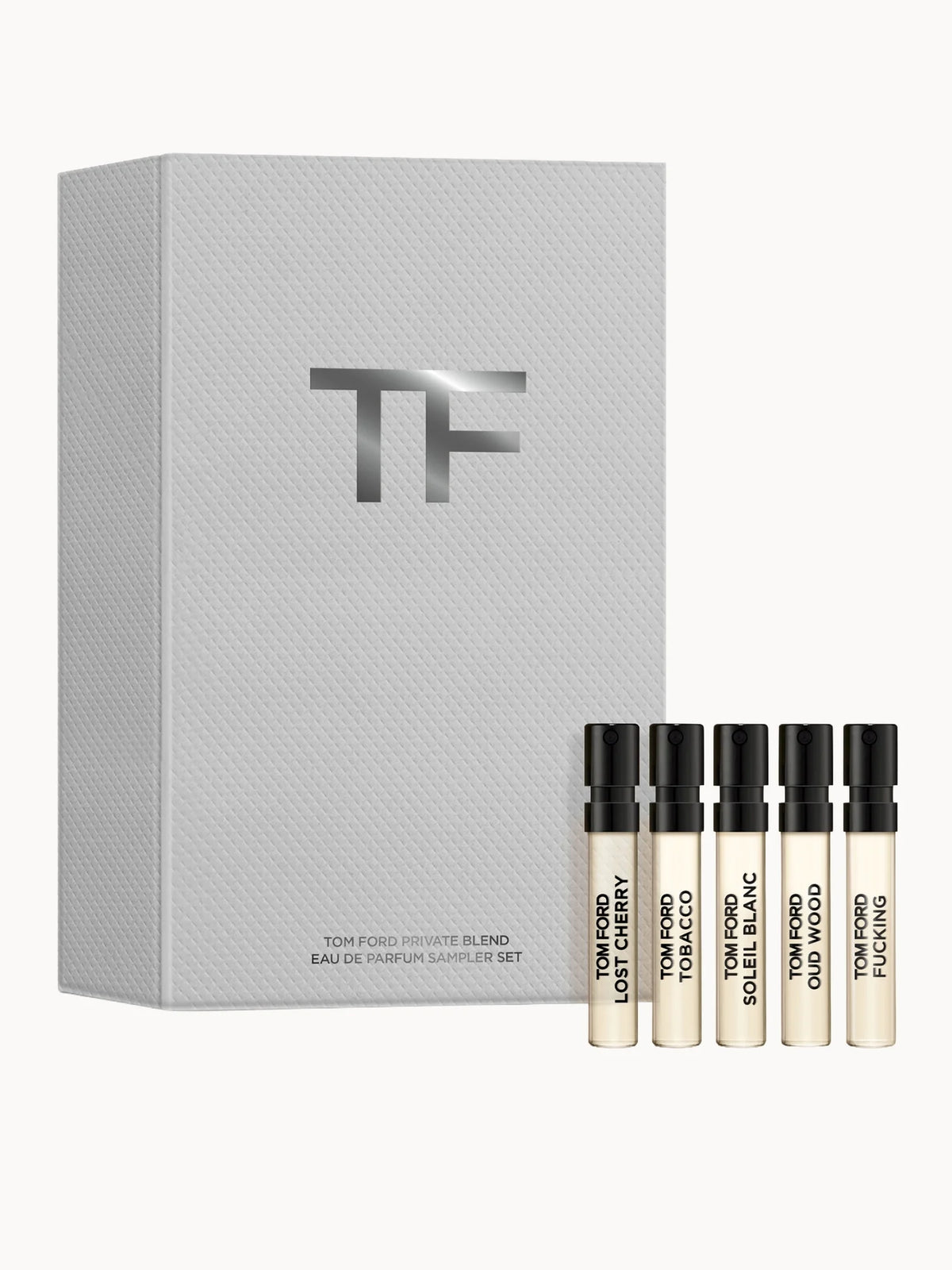 TOM FORD Private Blend Sampler Set, small black box with gold Tom Ford lettering, set of miniature spray vials inside