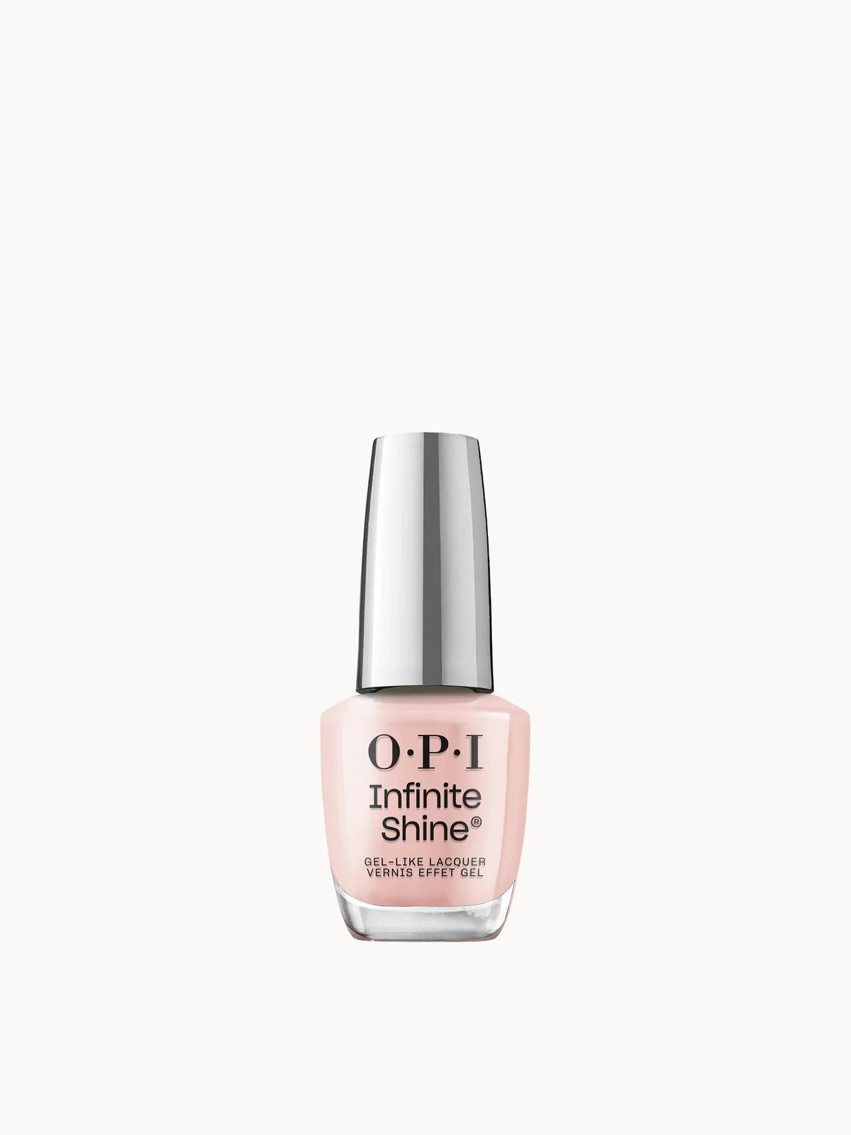 OPI Infinite Shine Long - Wear Gel - Like Sheer Pink Nail Polish 15ml - Bubble Bath, glass nail polish bottle with black cap and OPI Infinite Shine branding, filled with sheer pale pink polish