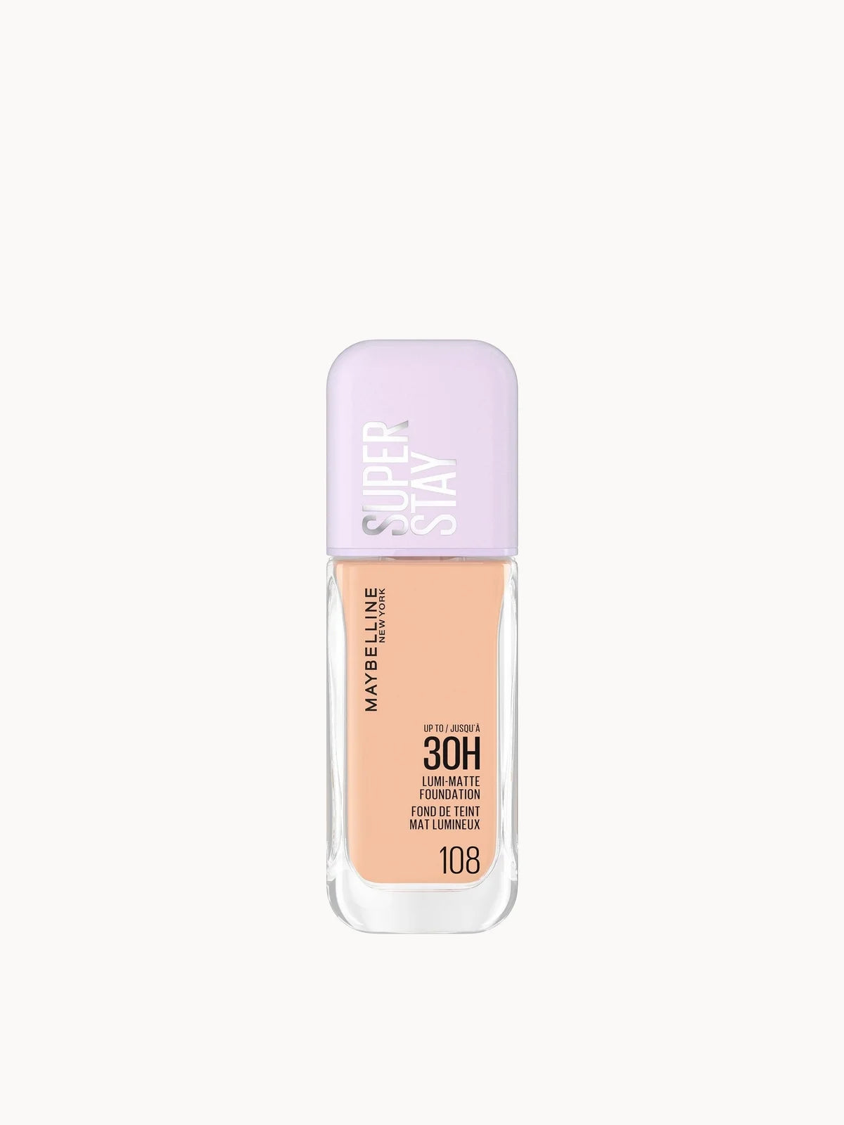 Maybelline Super Stay up to 30H Lumi - Matte Foundation - 108, slim glass foundation bottle with pump