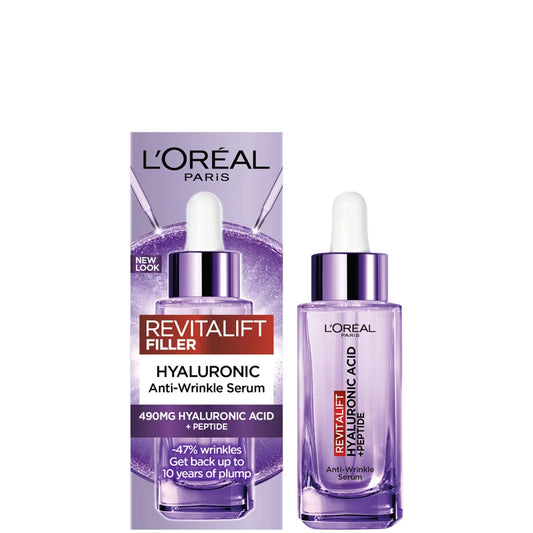 L'Oréal Paris 1.5% Hyaluronic Acid Revitalift Filler Serum 30ml glass bottle with dropper applicator and clear serum inside