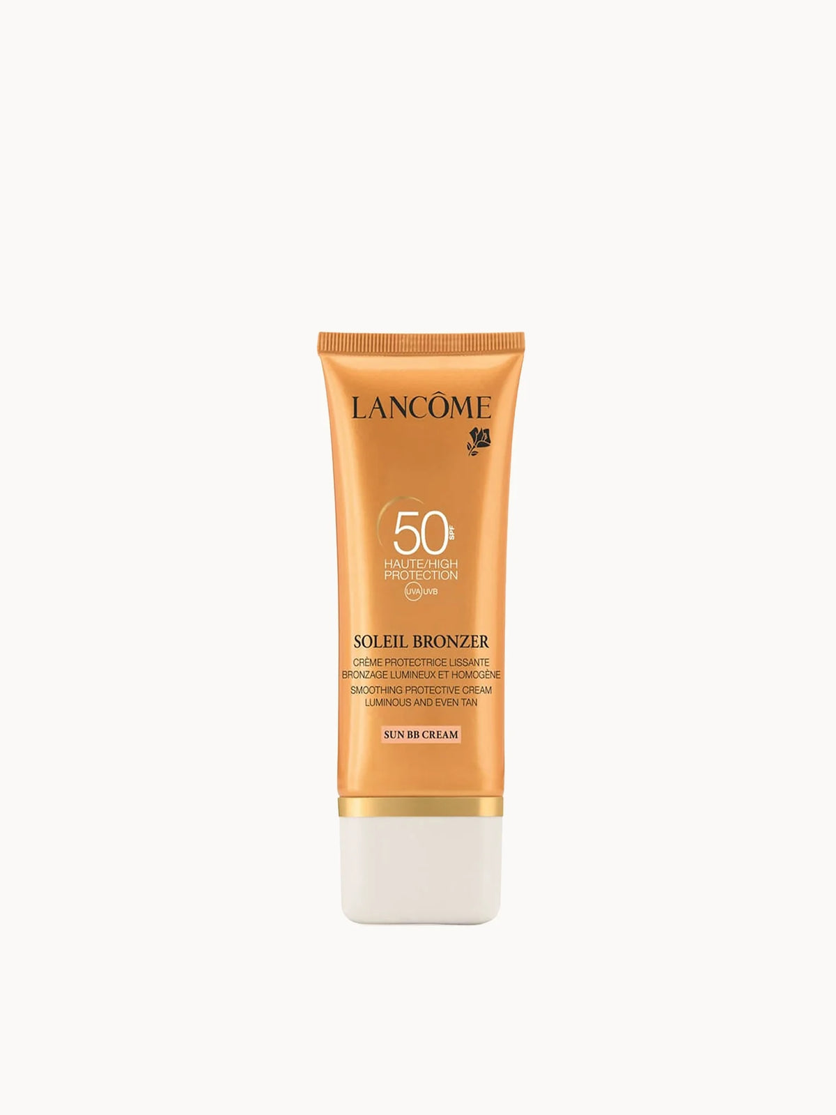 Lancôme Soleil Bronzer SPF50 BB Cream 50ml, squeeze tube with gold cap and Lancôme rose logo, bronze-toned packaging