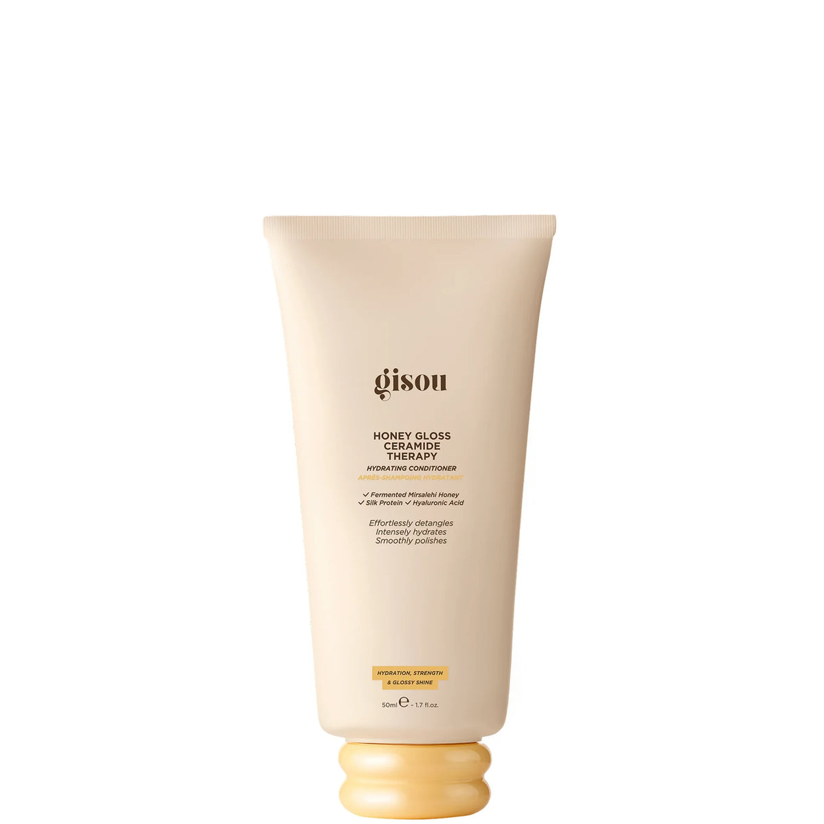 Gisou Honey Gloss Ceramide Therapy Conditioner 50ml, gold hexagonal-cap bottle with cream label