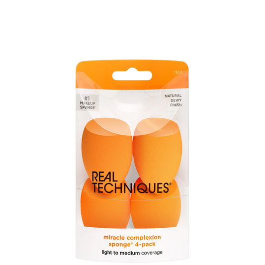 Real Techniques 4 Miracle Complexion Sponges, set of four bright orange makeup sponges in clear plastic packaging