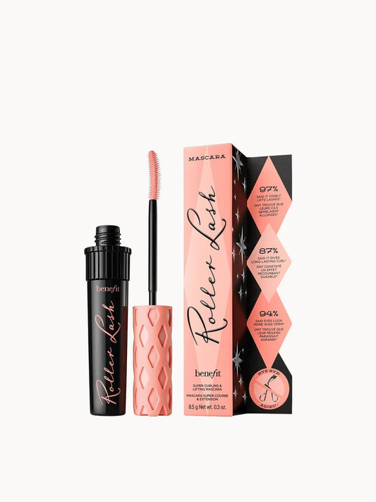 benefit Roller Lash Lifting and Curling Mascara Black 8.5g black mascara tube with a coral-pink cap