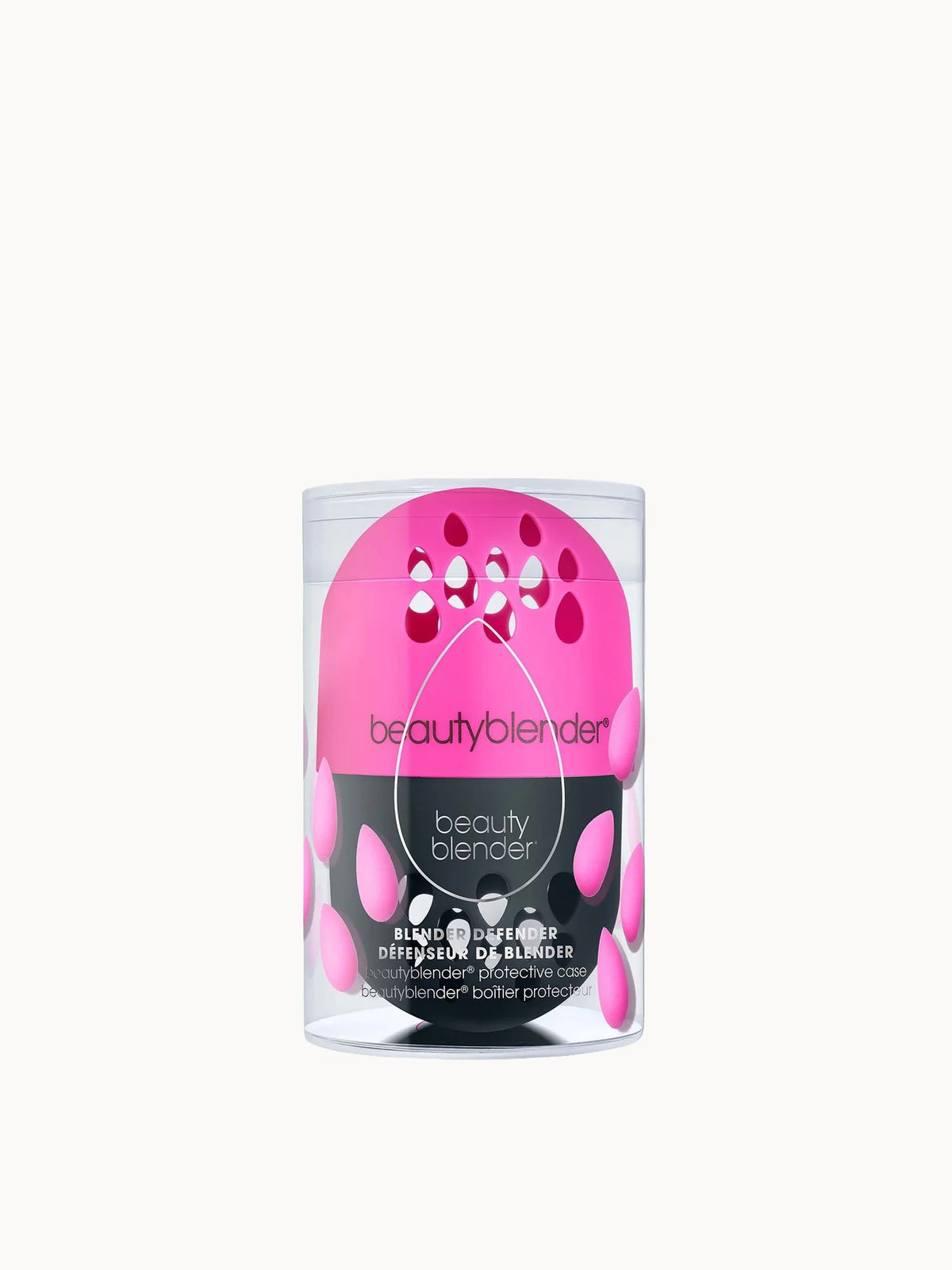 Beautyblender Blender Defender Case, pink and black capsule-shaped silicone case with vent holes