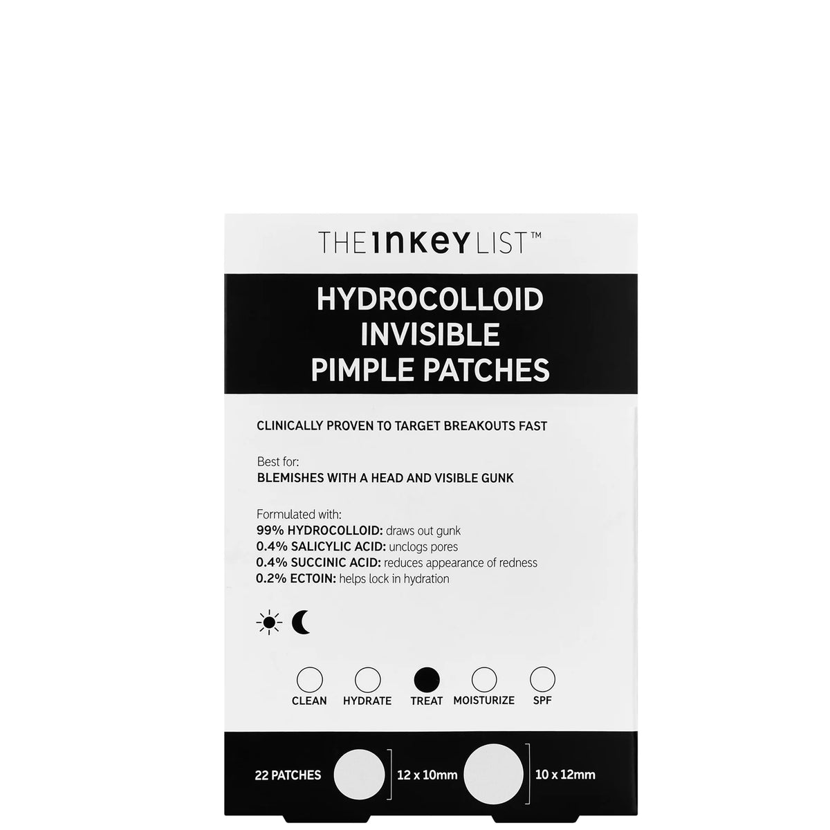 The INKEY List Hydrocolloid Invisible Pimple Patches (22 patches), small clear plastic case with white patches on a clear film sheet and INKEY List branding