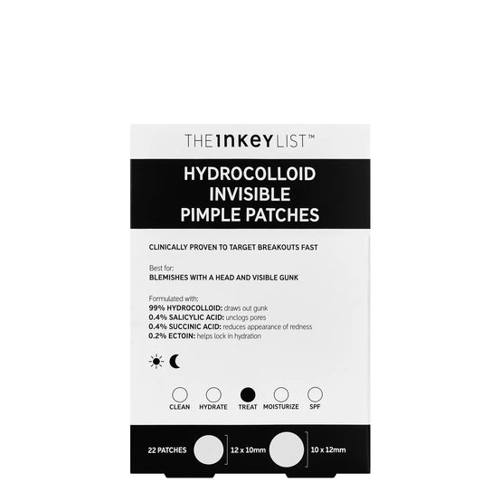 The INKEY List Hydrocolloid Invisible Pimple Patches (22 patches), small clear plastic case with white patches on a clear film sheet and INKEY List branding