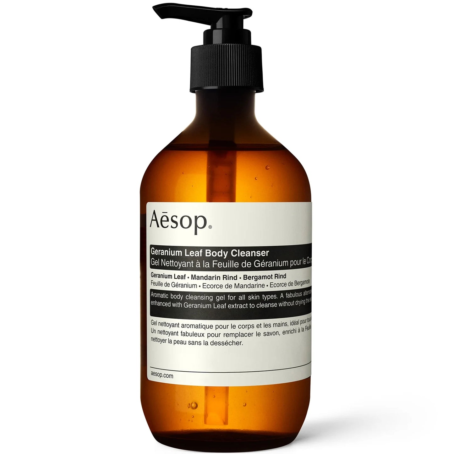 Aesop Geranium Leaf Body Cleanser 500ml bottle, amber pump bottle with minimalist Aesop label