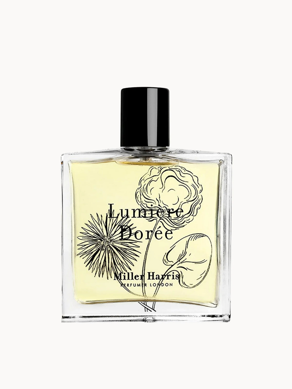 Miller Harris Lumière Dorée Eau de Parfum 100ml, clear glass bottle with gold cap and minimal black label