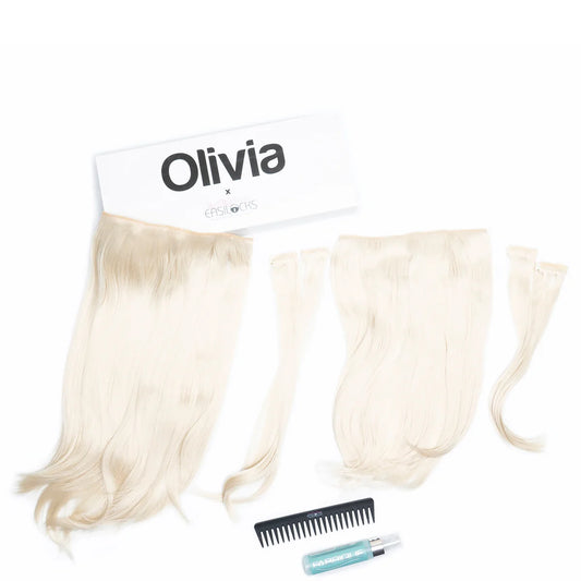 Olivia x Easilocks Straight Collection – Ice Blonde clip-in hair extensions in icy blonde shade: sleek, heat-resistant strands that blend seamlessly for added length and volume.