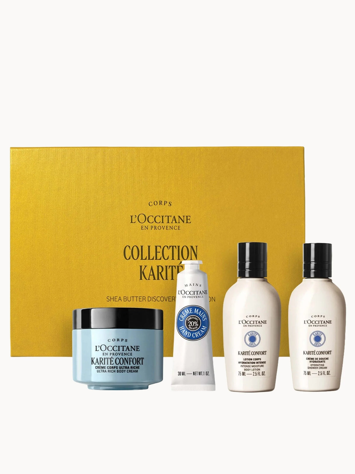 L'Occitane Shea Karite Discovery Collection, four travel-size body care products in shea-butter branding