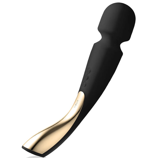 LELO Smart Wand 2 in sleek black design with gold accent and curved ergonomic shape