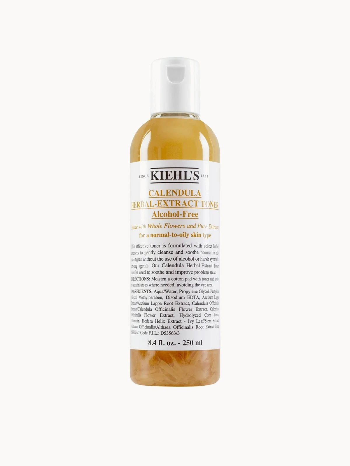 Kiehl's Calendula Herbal Extract Toner 250ml, clear bottle with white label and calendula petals