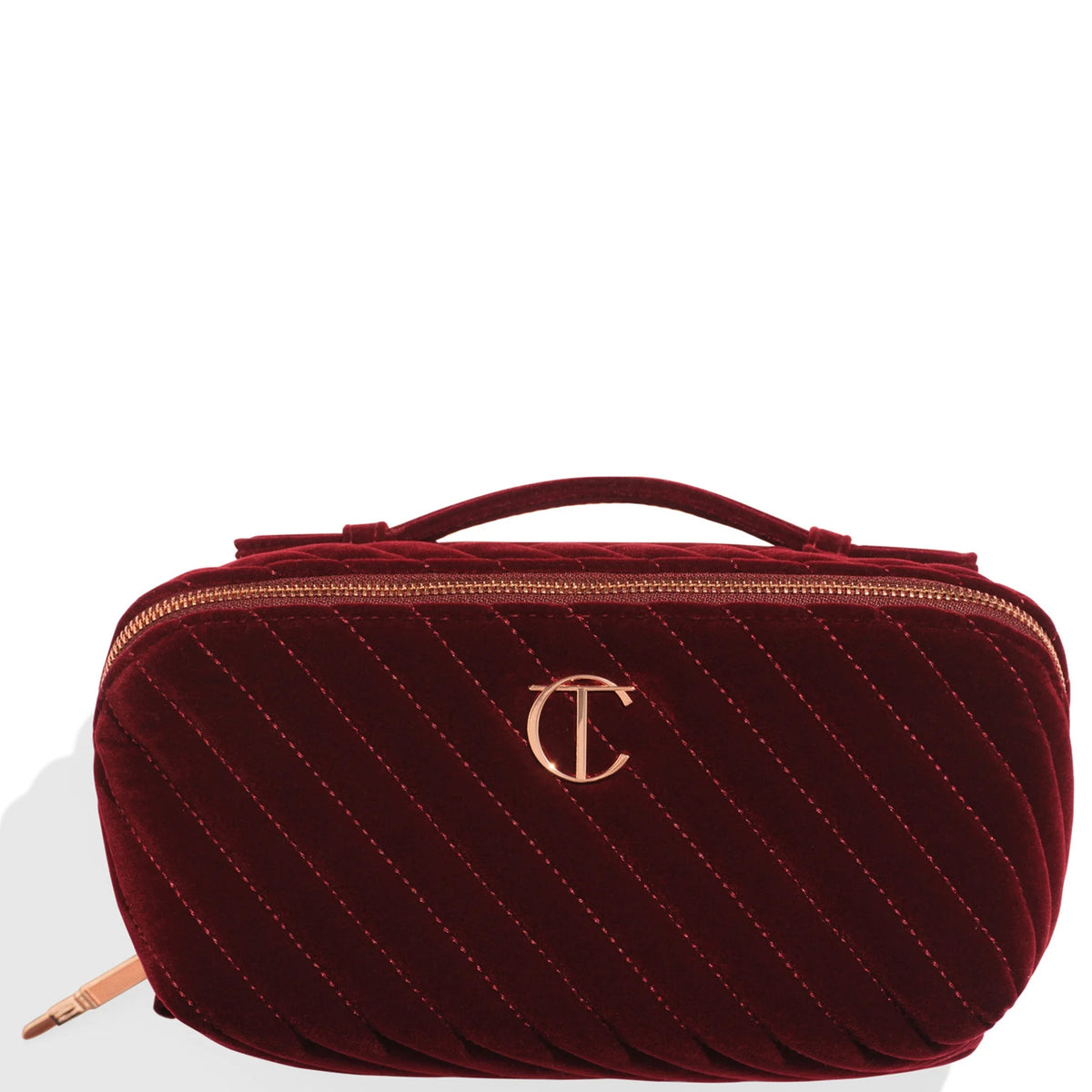 Charlotte Tilbury Organizer Velvet Makeup Bag - Large, large velvet zip-top makeup bag in deep jewel tone with gold Charlotte Tilbury lips logo